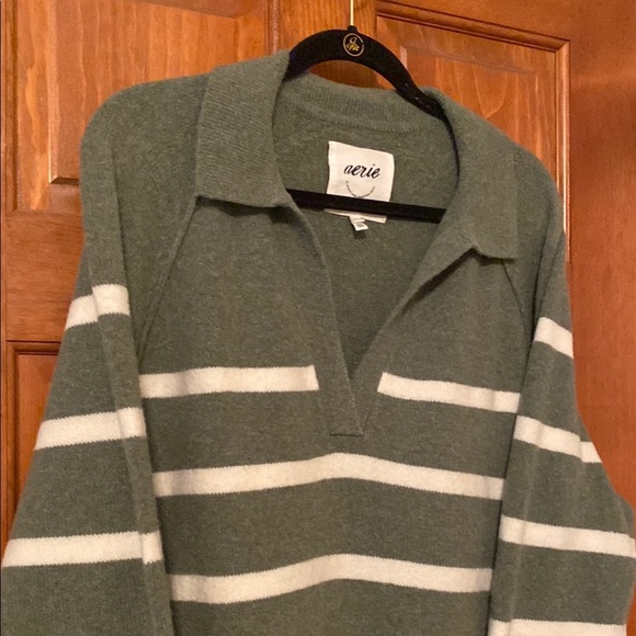 Aerie Green & White Striped V-Neck Oversized Sweater Soft Cozy Size Large - Picture 3 of 6